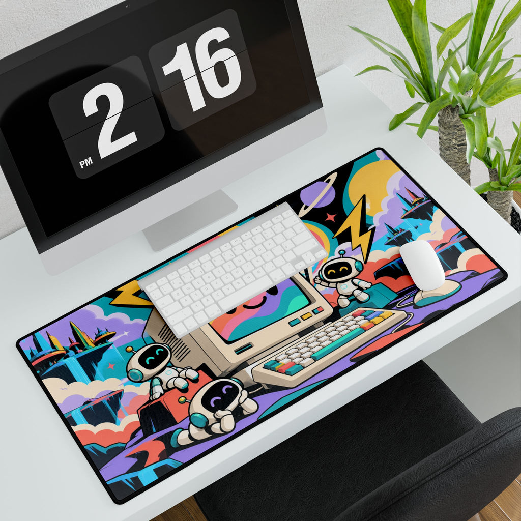 Mouse Pad | Retro Computer | Rainbow Monitor & Cute Robot Art | Desk Mat