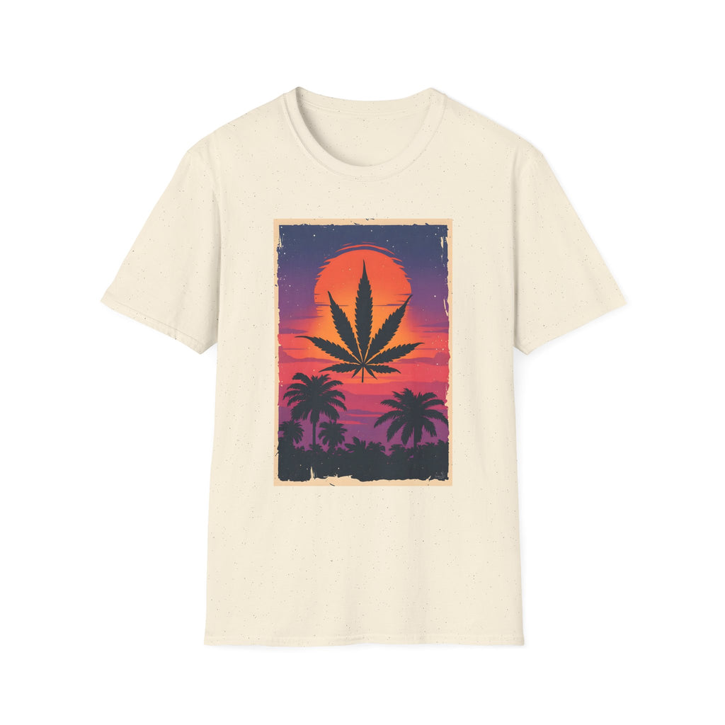Cannabis Sunset T-Shirt — Retro Palm Leaf Marijuana Graphic Tee