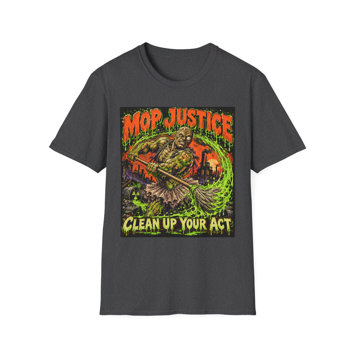 Mop Justice T-Shirt — Retro Horror Cleanup Graphic Tee ("Clean Up Your Act")
