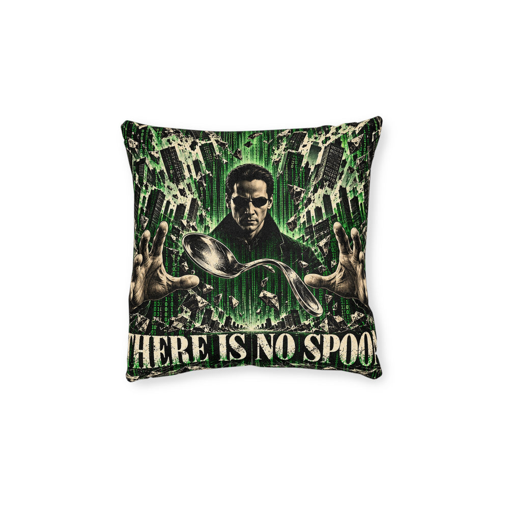Cushion artwork: A dark-coated figure in sunglasses holds his hands around a floating, curved spoon, surrounded by green code and impossible architectural patterns.