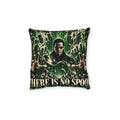 Cushion artwork: A dark-coated figure in sunglasses holds his hands around a floating, curved spoon, surrounded by green code and impossible architectural patterns.