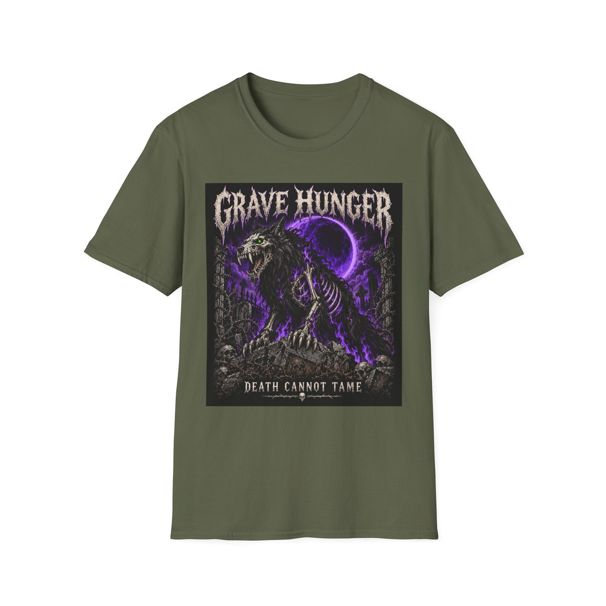 Grave Hunger Gothic Band Tee — Purple Reaper Graphic T-Shirt