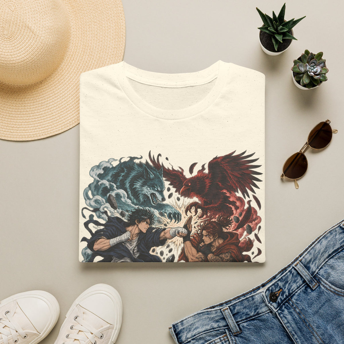 Yin Yang | Wolf Demon vs Phoenix | Japanese Anime Ninja T Shirt