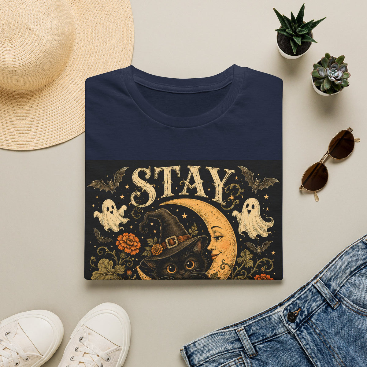 Halloween 'Stay Bewitched' T‑Shirt — Vintage Moon, Black Cat & Pumpkin Design