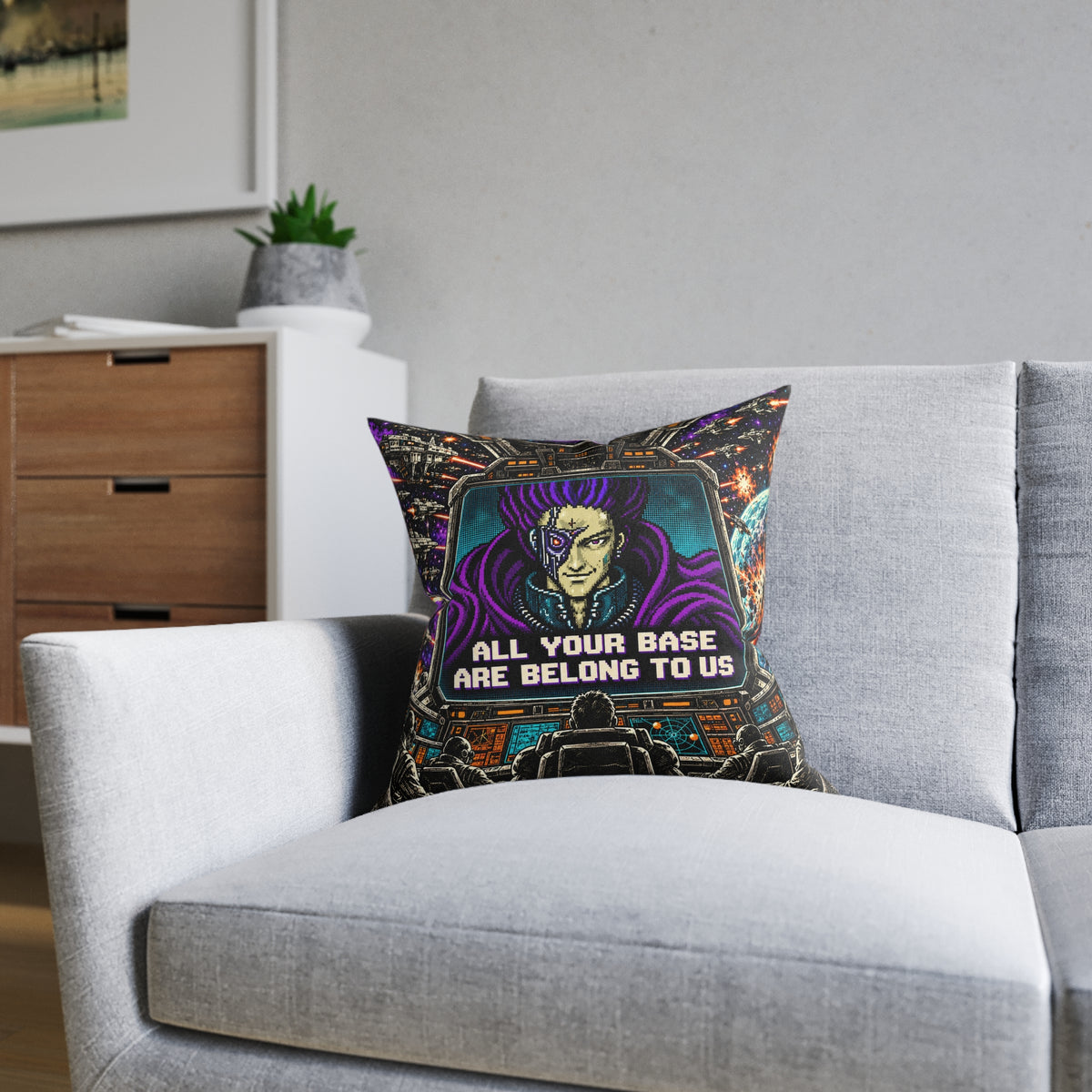 All Your Base Retro Gaming Sci Fi Meme Cushion | Decorative Sofa Pillow