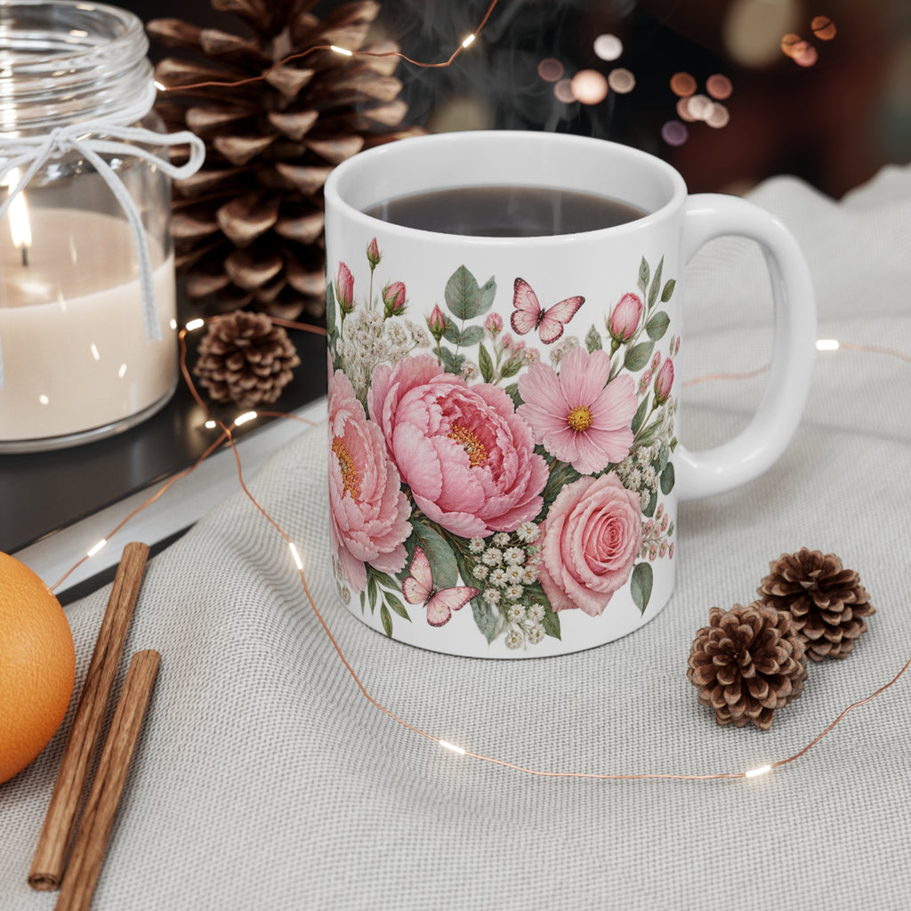 Pastel Pink Flowers and Butterflies Mug | Floral Design