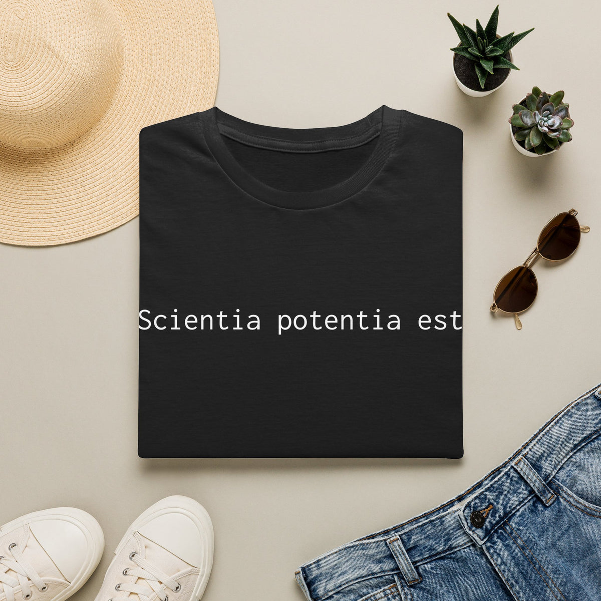 latin phrase tee scientia potentia est minimalist t shirt, product image showing the garment or product detail.