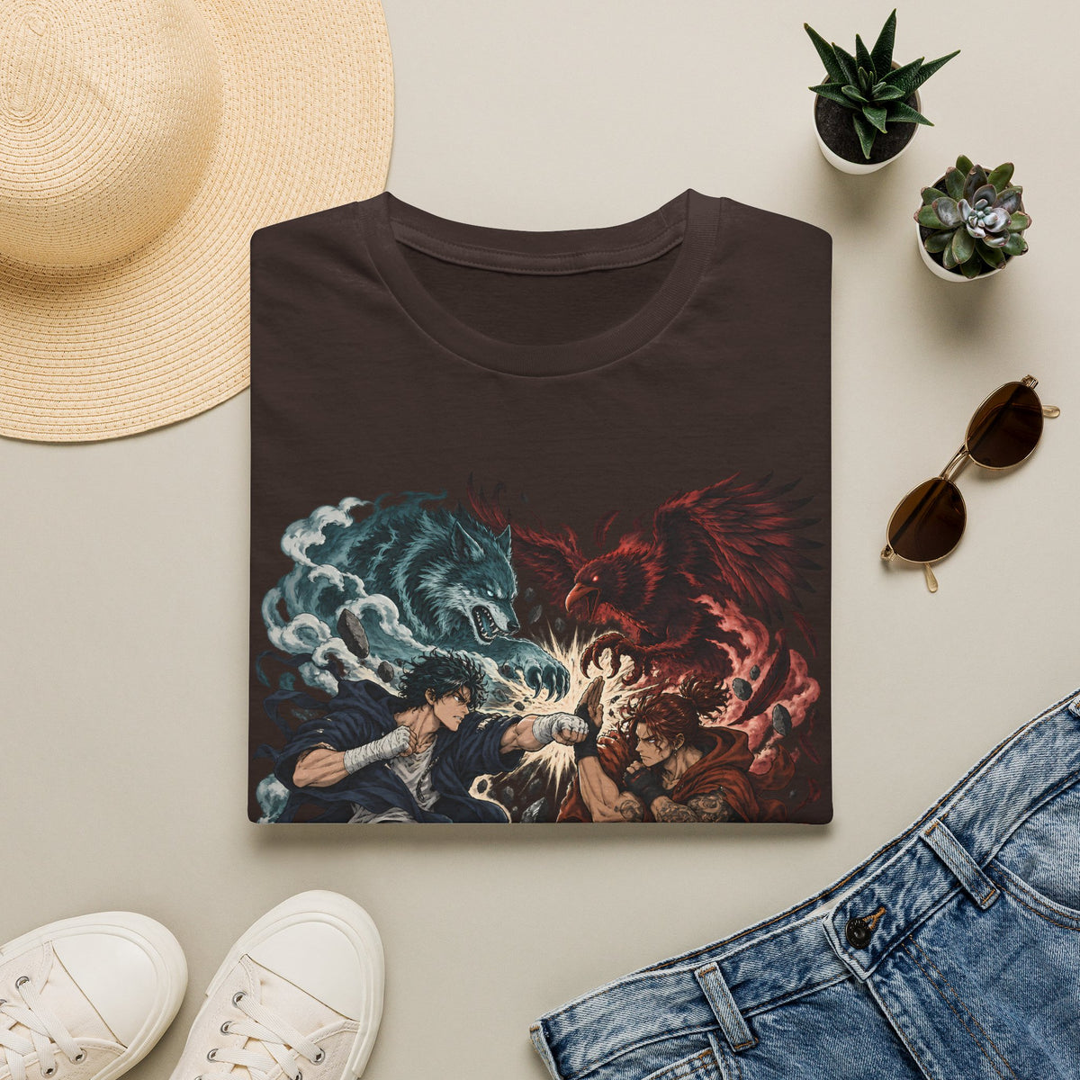 Yin Yang | Wolf Demon vs Phoenix | Japanese Anime Ninja T Shirt