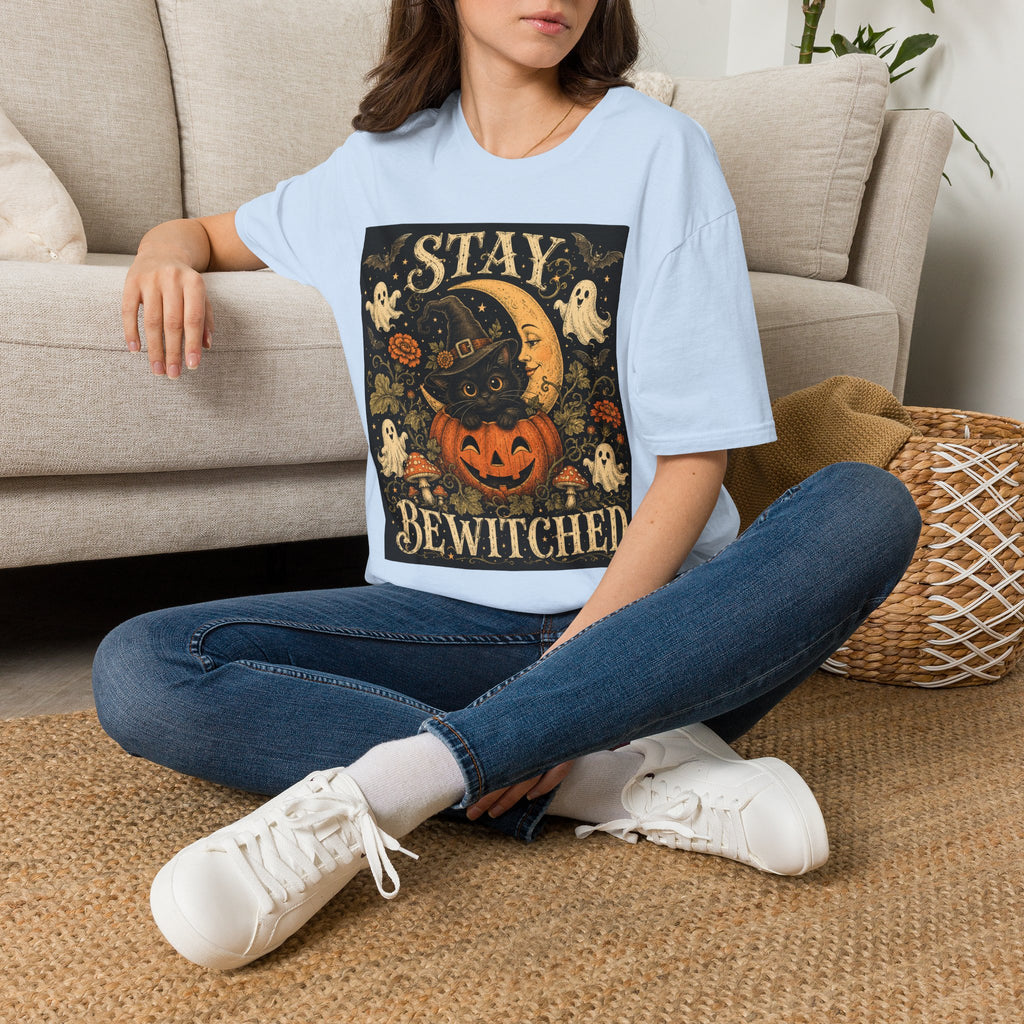 Halloween 'Stay Bewitched' T‑Shirt — Vintage Moon, Black Cat & Pumpkin Design
