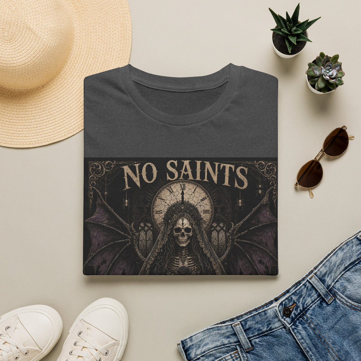 No Saints Graphic T-Shirt — Gothic Skull Clock Design