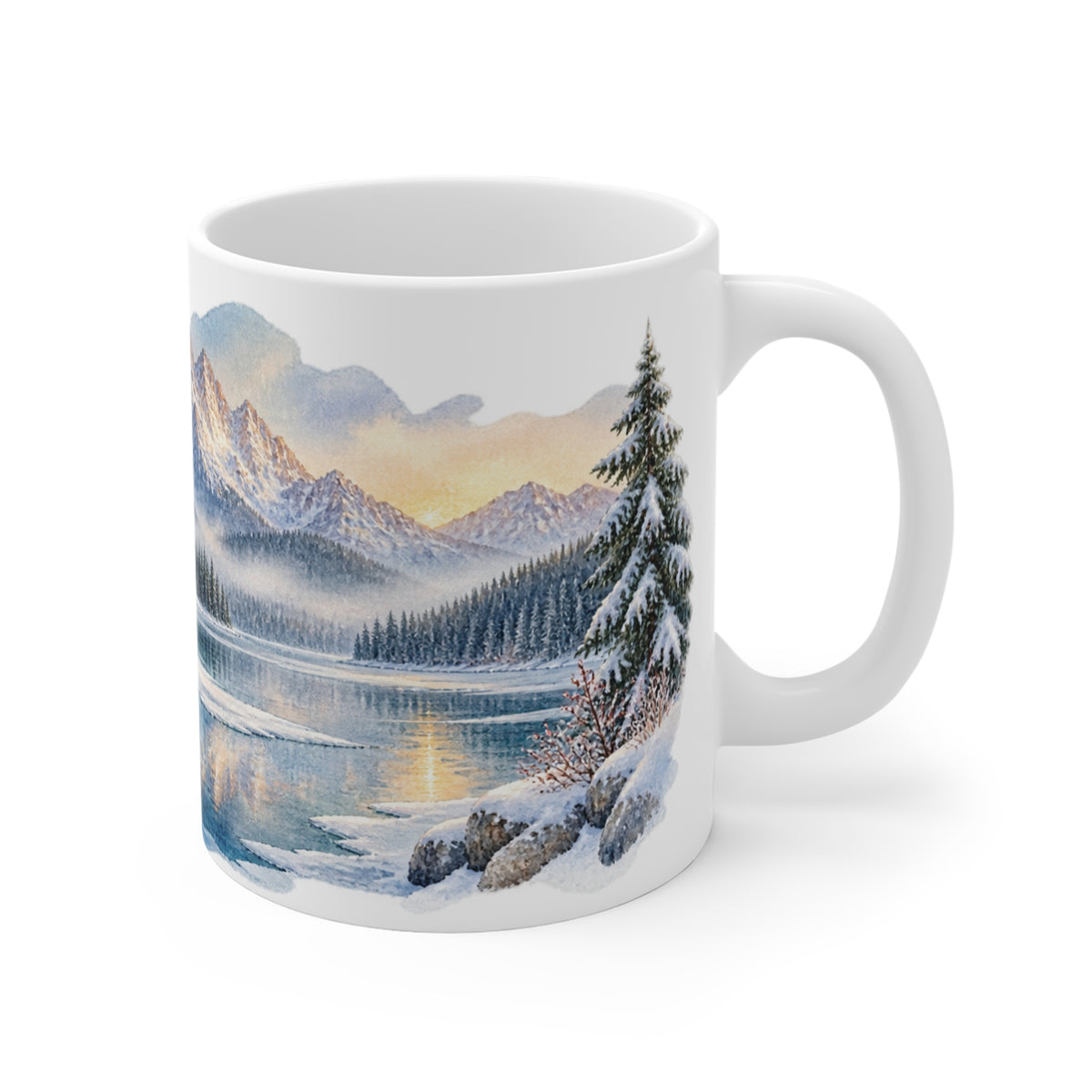 Snowy Cabin Mug | Winter Lake Watercolour | Cosy Cottage Gift