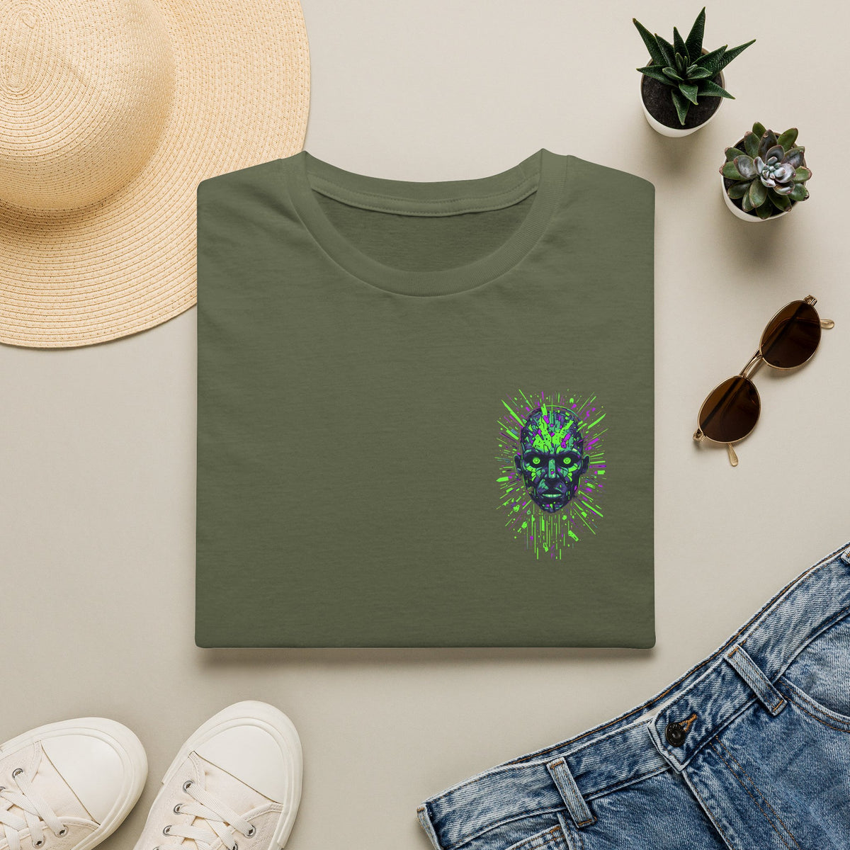 Neon Cyber Skull T-Shirt — Glowing Green Sci‑Fi Graphic Tee