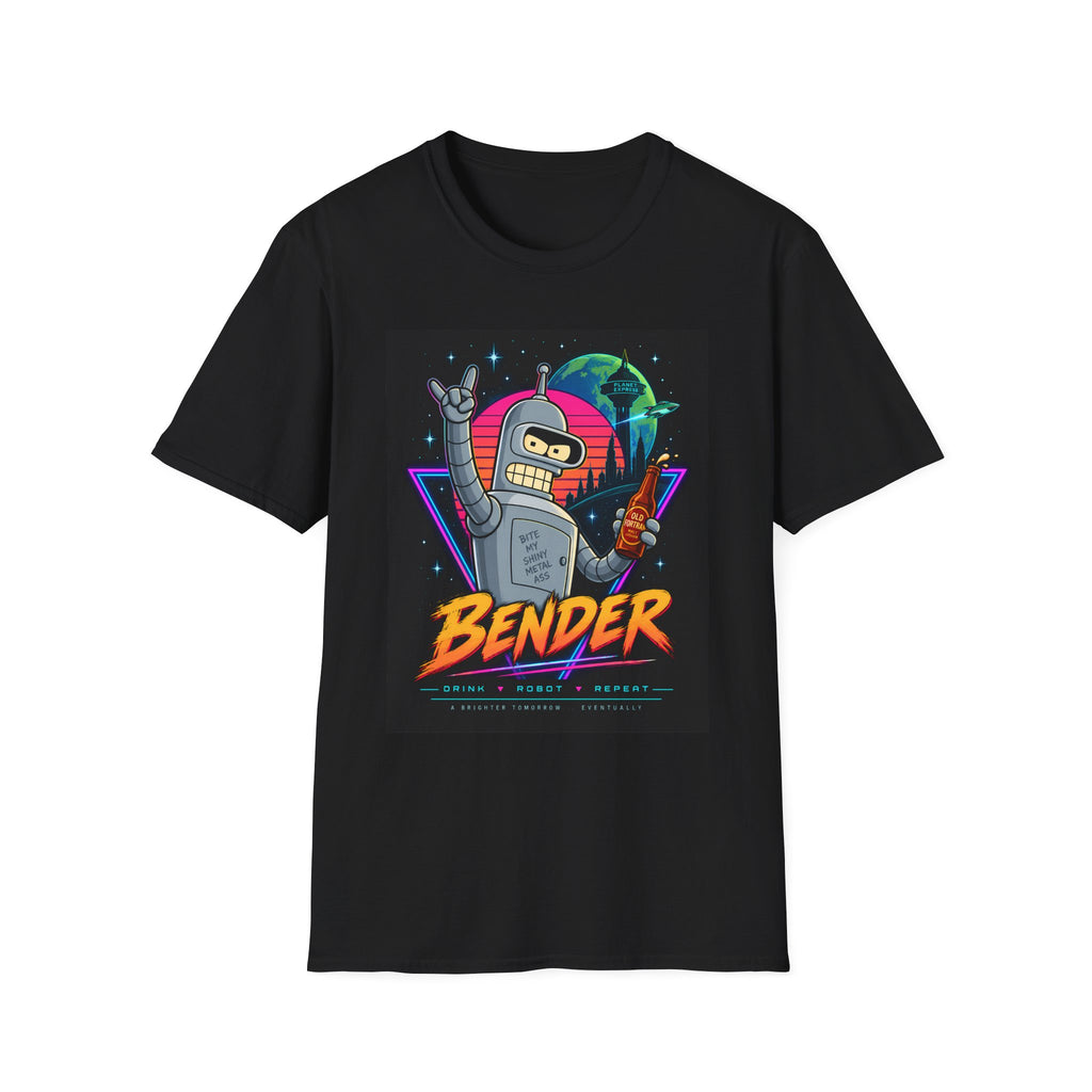 Black T-shirt with colourful Bender robot graphic, front view.