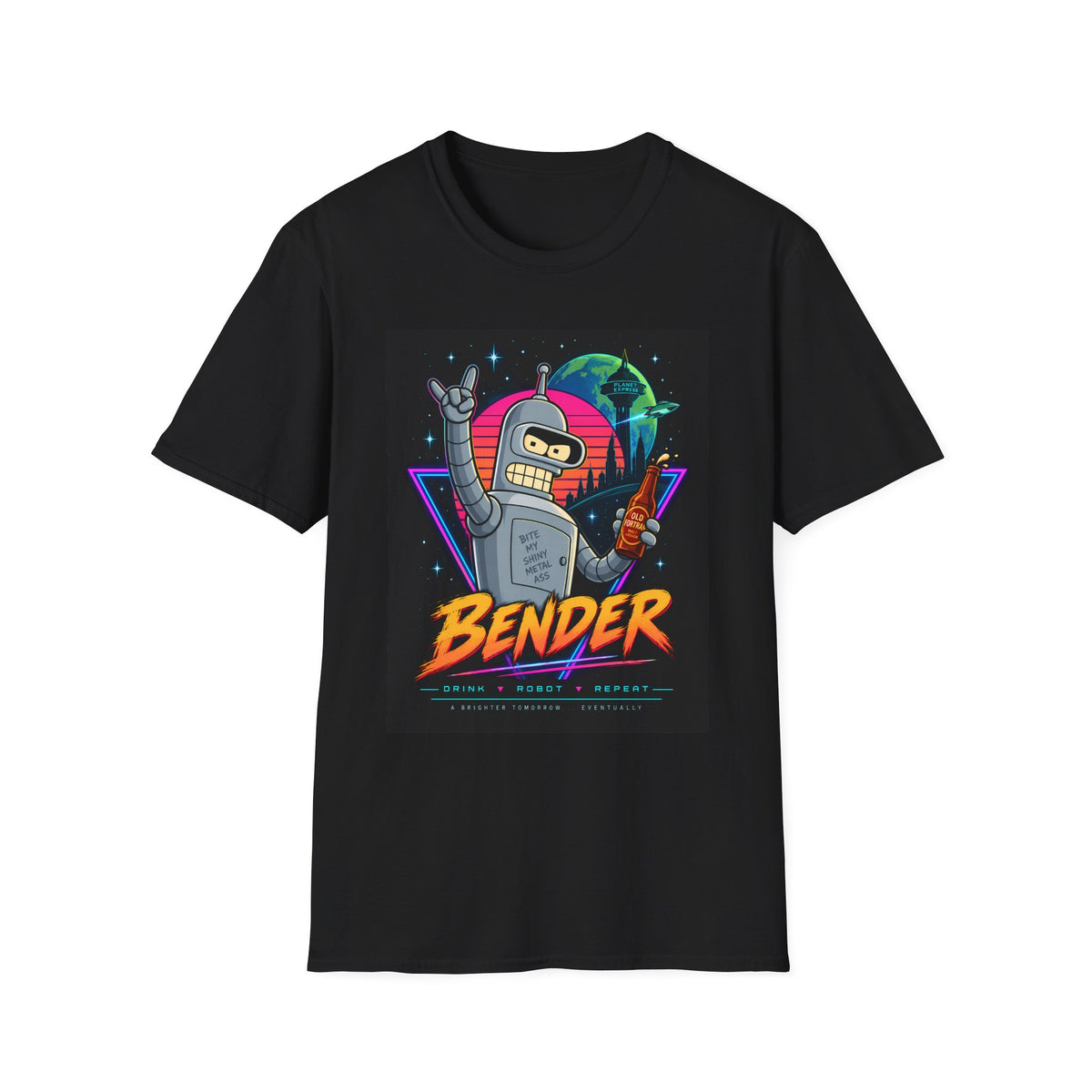 Black T-shirt with colourful Bender robot graphic, front view.