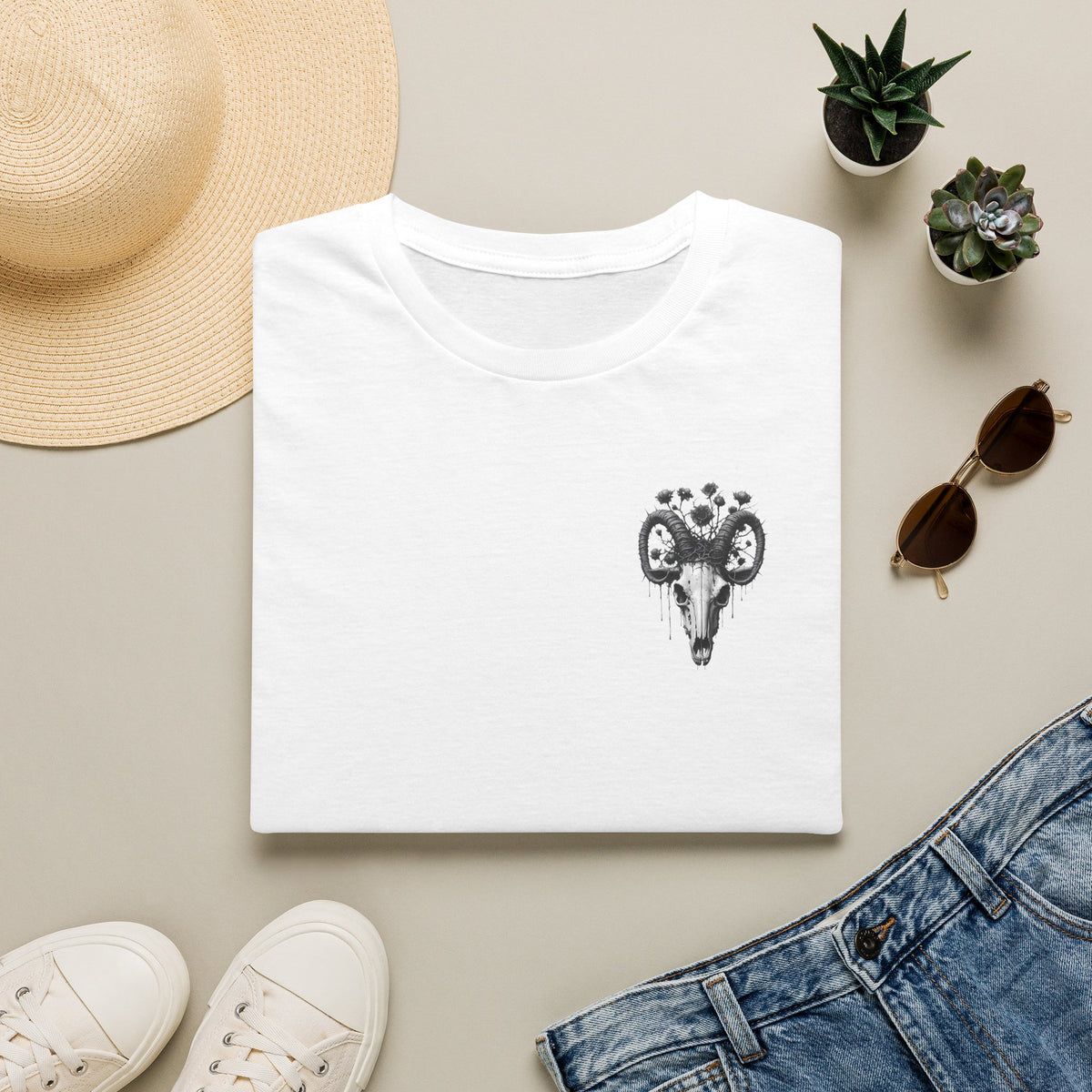 Ram Skull Floral T-Shirt — Gothic Boho Graphic Tee