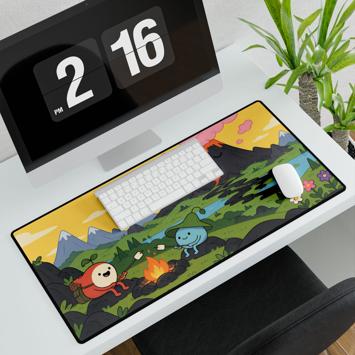Mouse Mat | Cute Camping | Cartoon Volcano, Campfire & Scenic Gaming Desk Mat