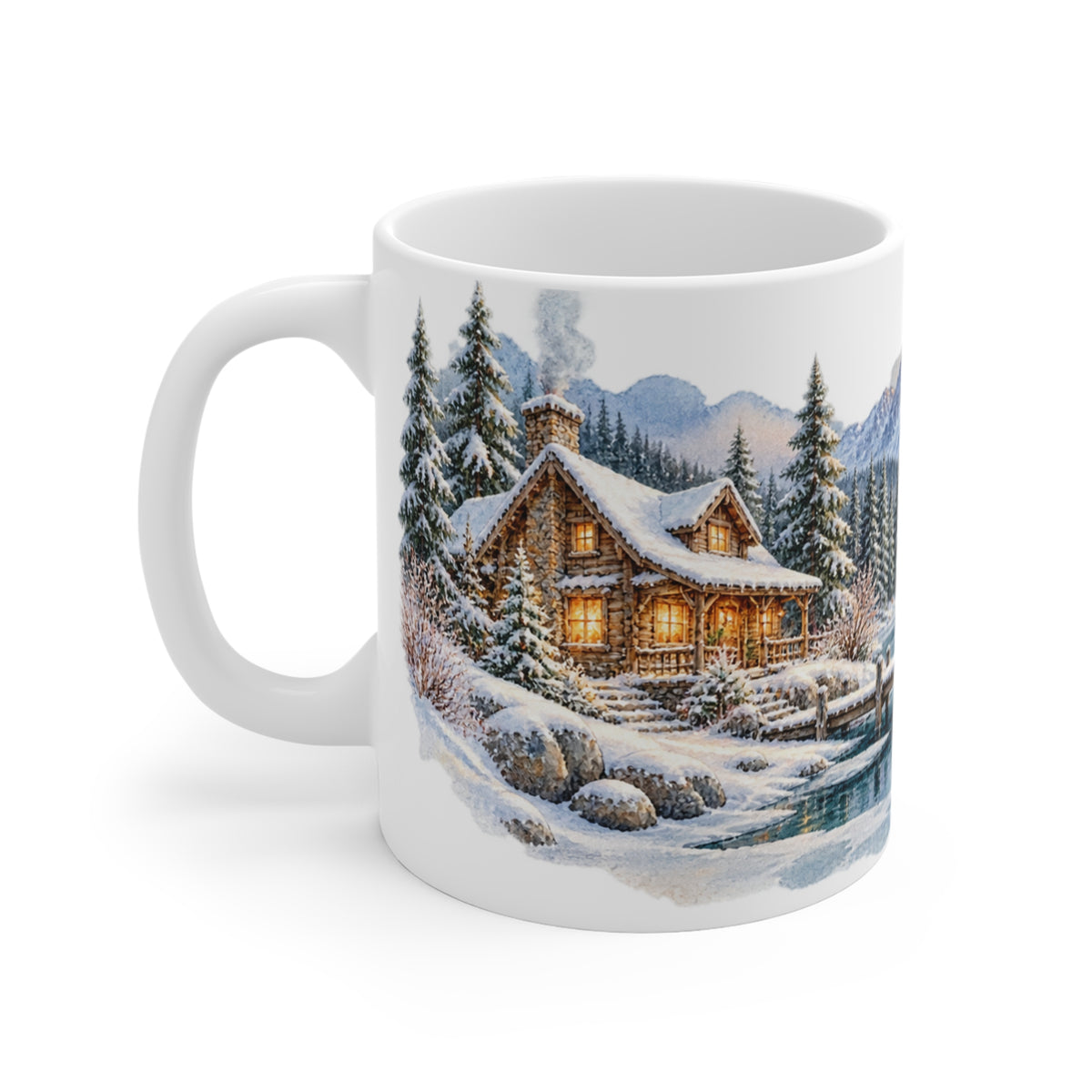 Snowy Cabin Mug | Winter Lake Watercolour | Cosy Cottage Gift