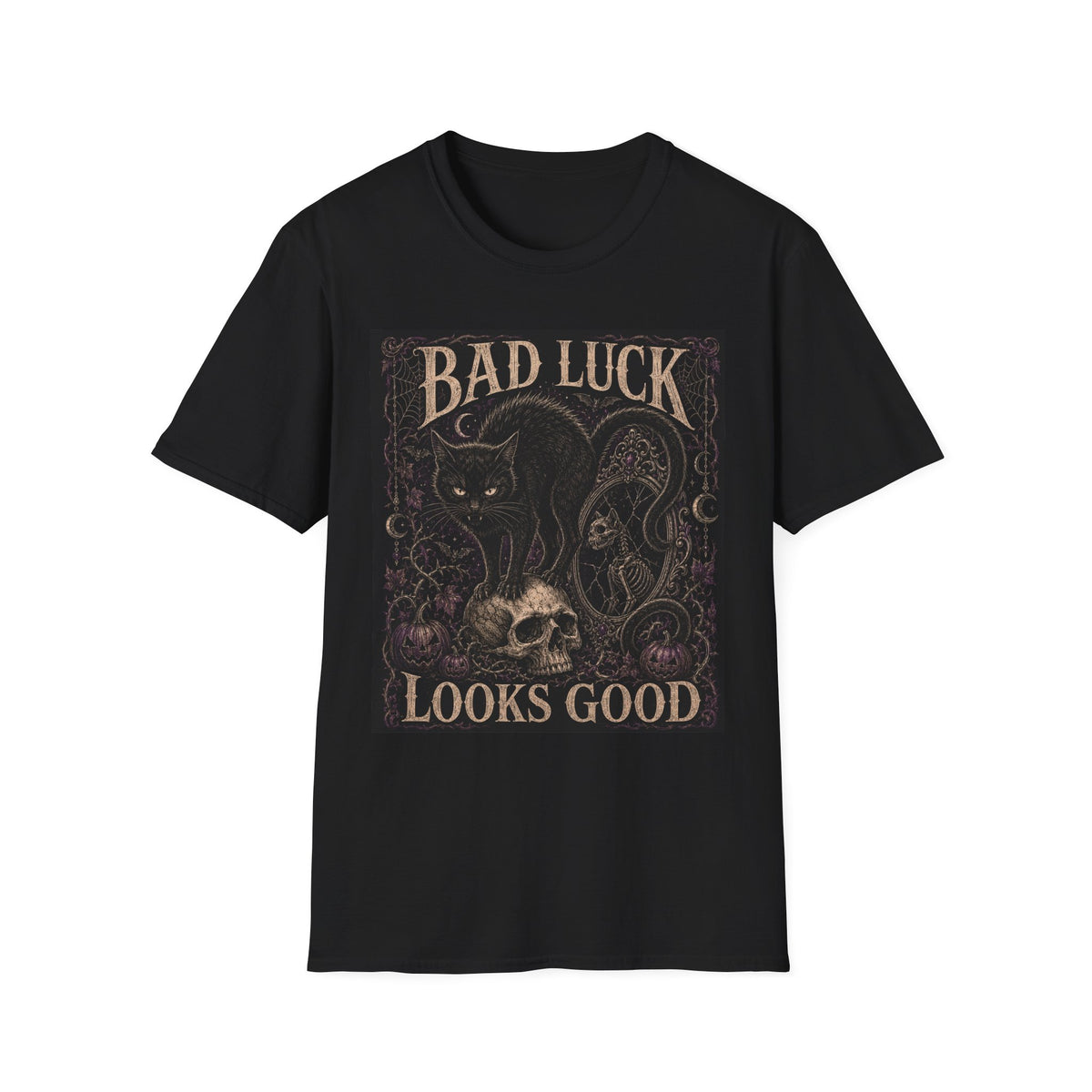 Bad Luck Black Cat Graphic T-Shirt — Gothic Skull Vintage Tattoo Tee