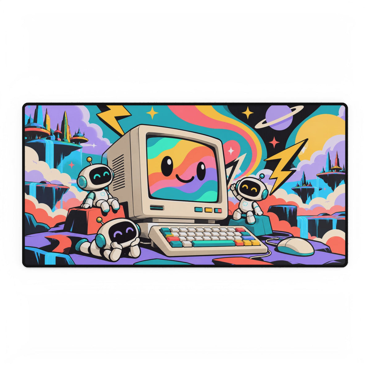 Mouse Pad | Retro Computer | Rainbow Monitor & Cute Robot Art | Desk Mat