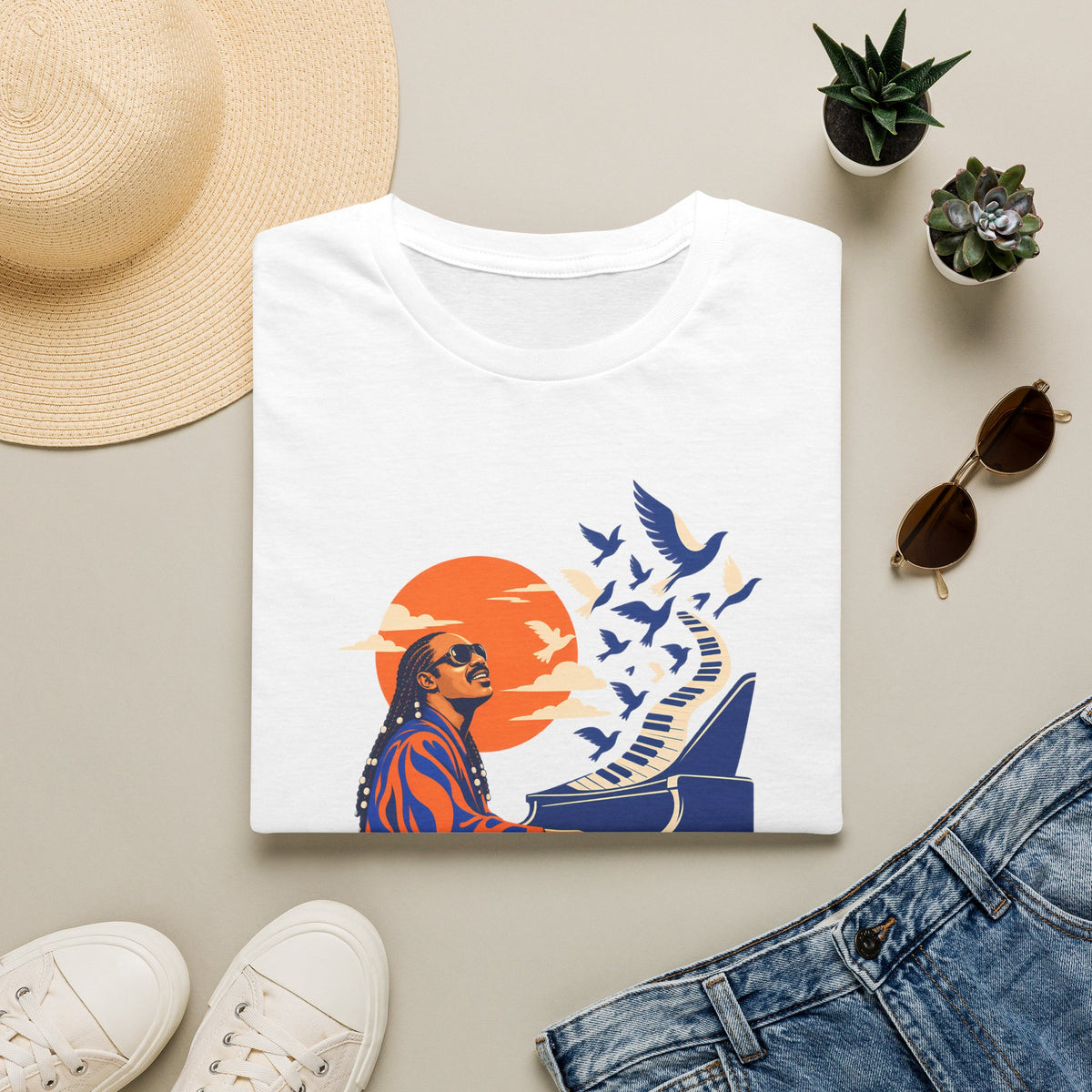 Stevie Wonder Piano Retro Tee - Vintage Sunset Music Legend T-Shirt