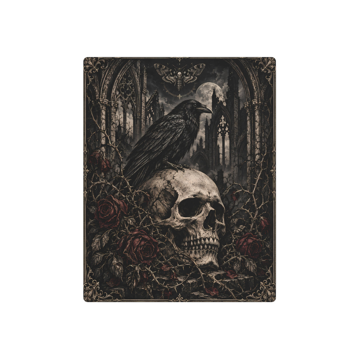 Metal Art Sign | Gothic Raven & Skull | Dark Cemetery Wall Art