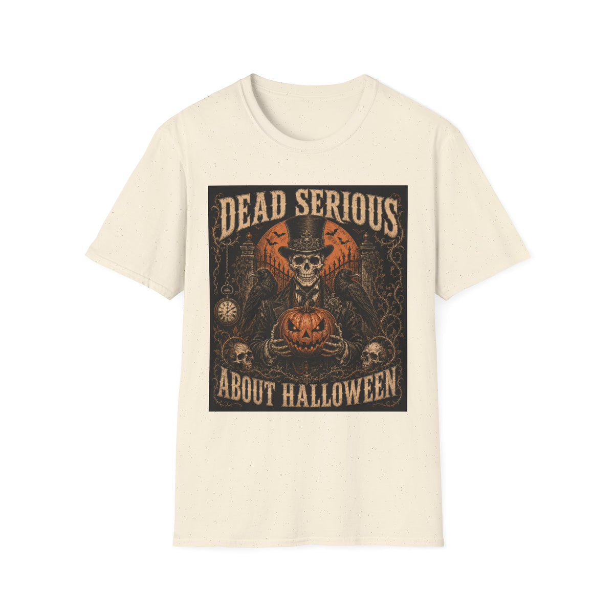 Halloween T-Shirt — "Dead Serious About Halloween" Skull & Pumpkin Vintage Design