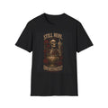 Black T-shirt with Still Here Unfortunately text with a skeleton and roses, front view.