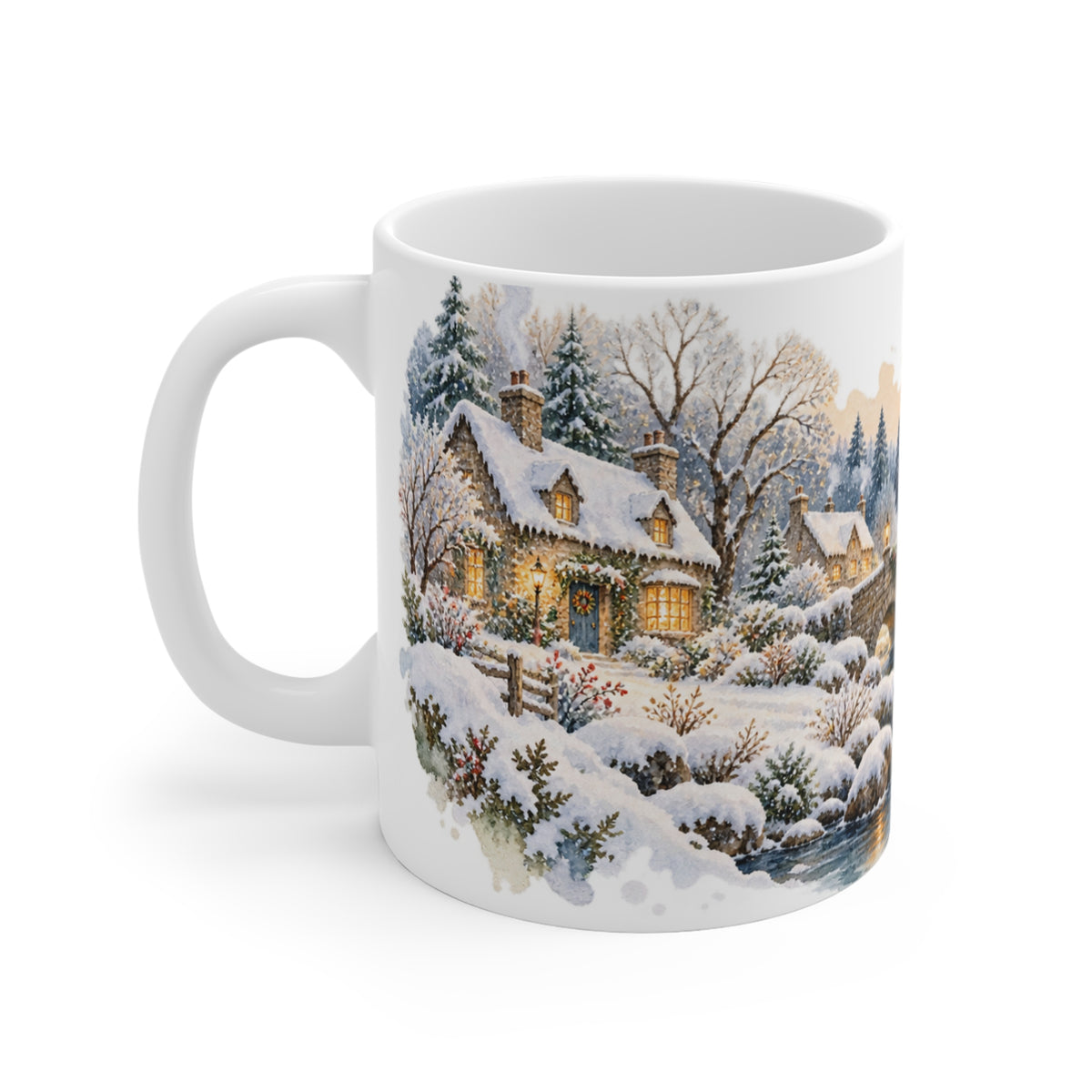 Winter Village Mug | Snowy Stone Bridge Watercolour | Countryside Gift