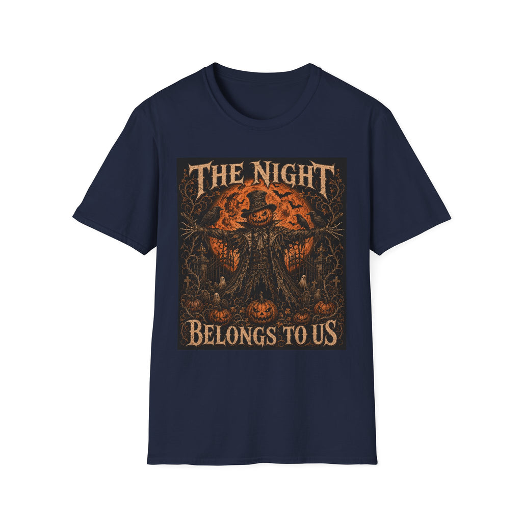 Halloween Scarecrow T-Shirt — "The Night Belongs To" Spooky Pumpkin Graphic