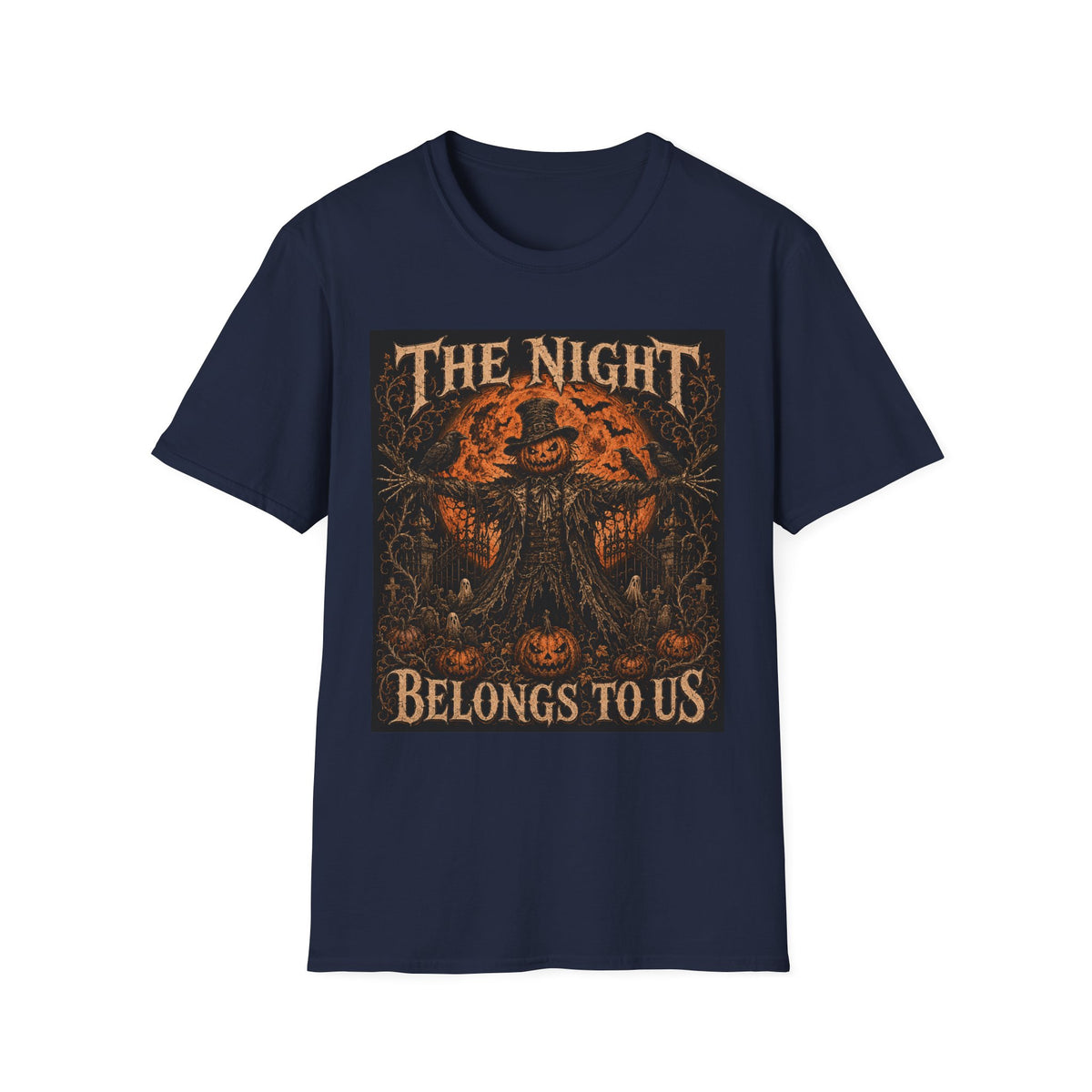 Halloween Scarecrow T-Shirt — "The Night Belongs To" Spooky Pumpkin Graphic