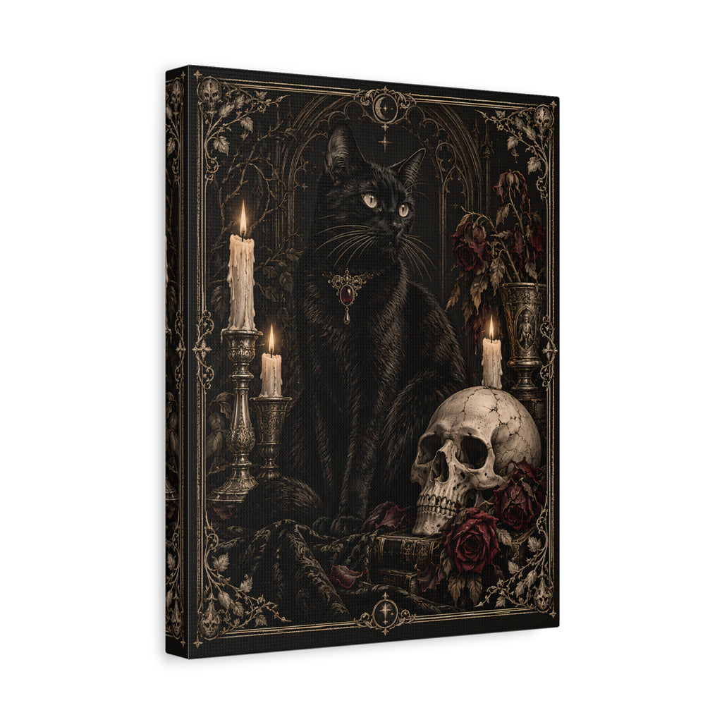 Canvas | Gothic Black Cat & Skull | Occult Wall Art