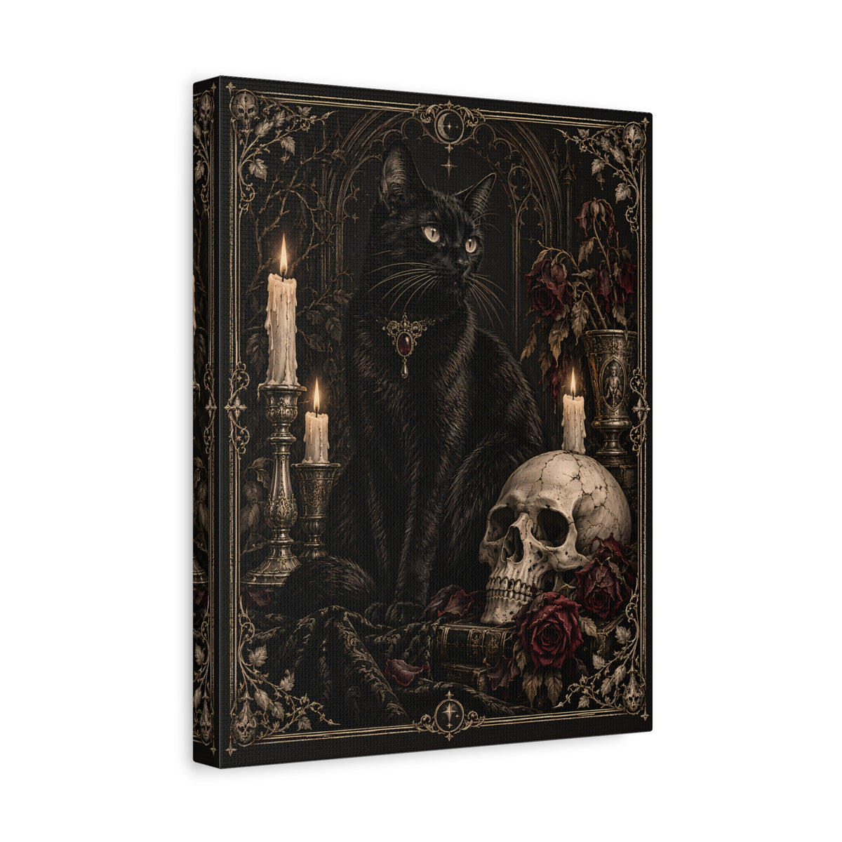 Canvas | Gothic Black Cat & Skull | Occult Wall Art
