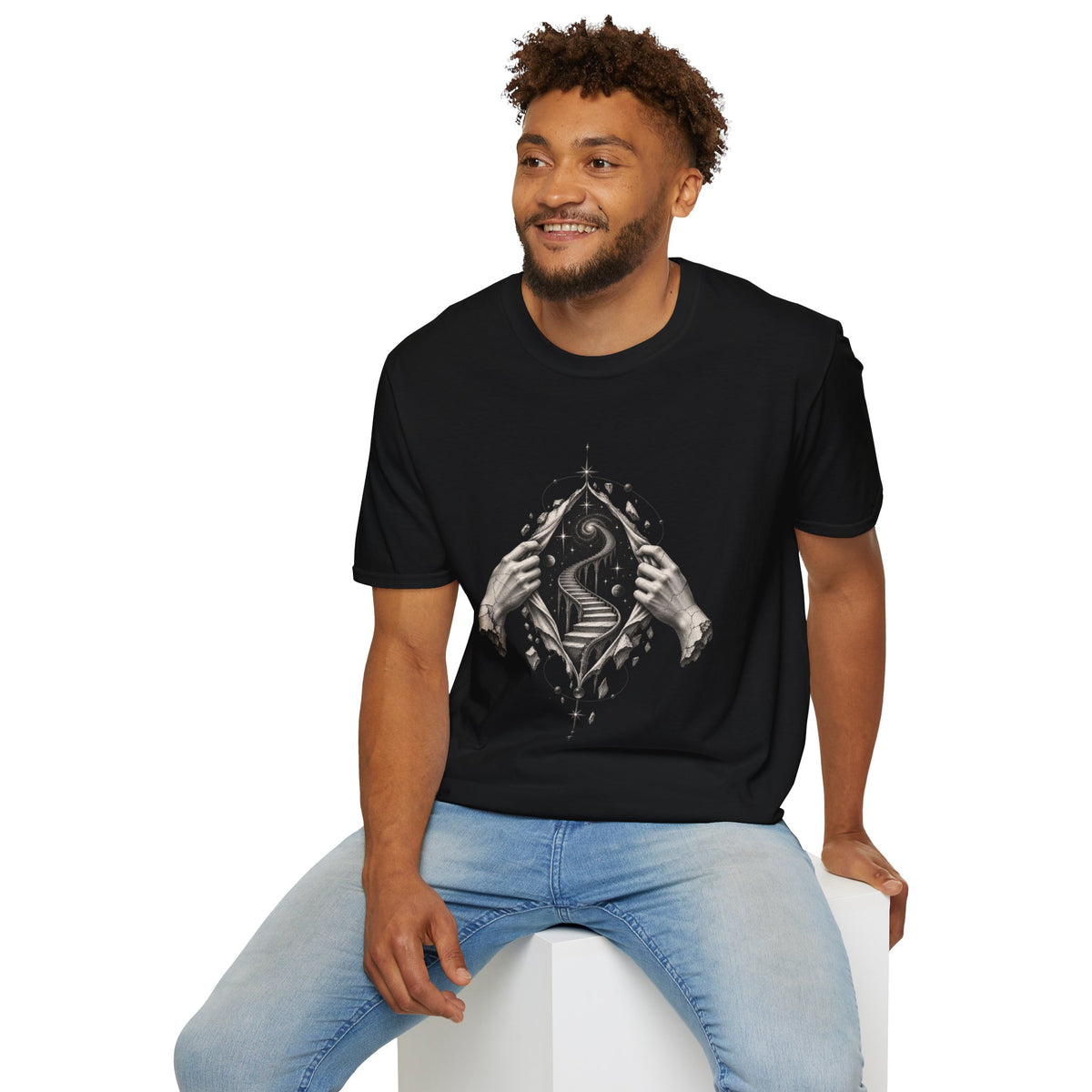 Surreal Portal T-Shirt Design | Marble Hands & Cosmic Stairway