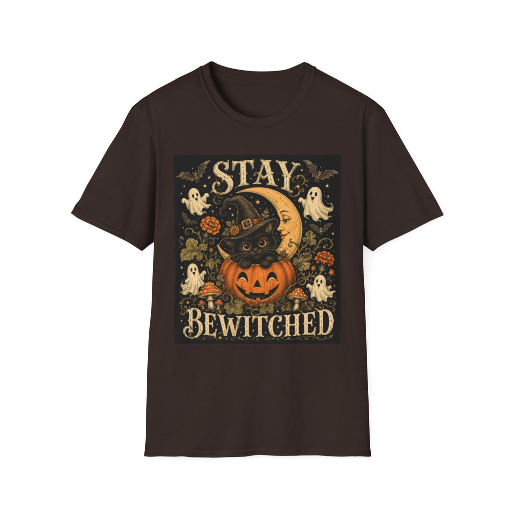 Halloween 'Stay Bewitched' T‑Shirt — Vintage Moon, Black Cat & Pumpkin Design