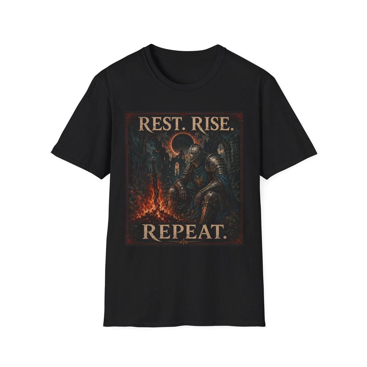 Rest. Rise. Repeat. T‑Shirt — Dark Souls Fantasy Knight Graphic Tee