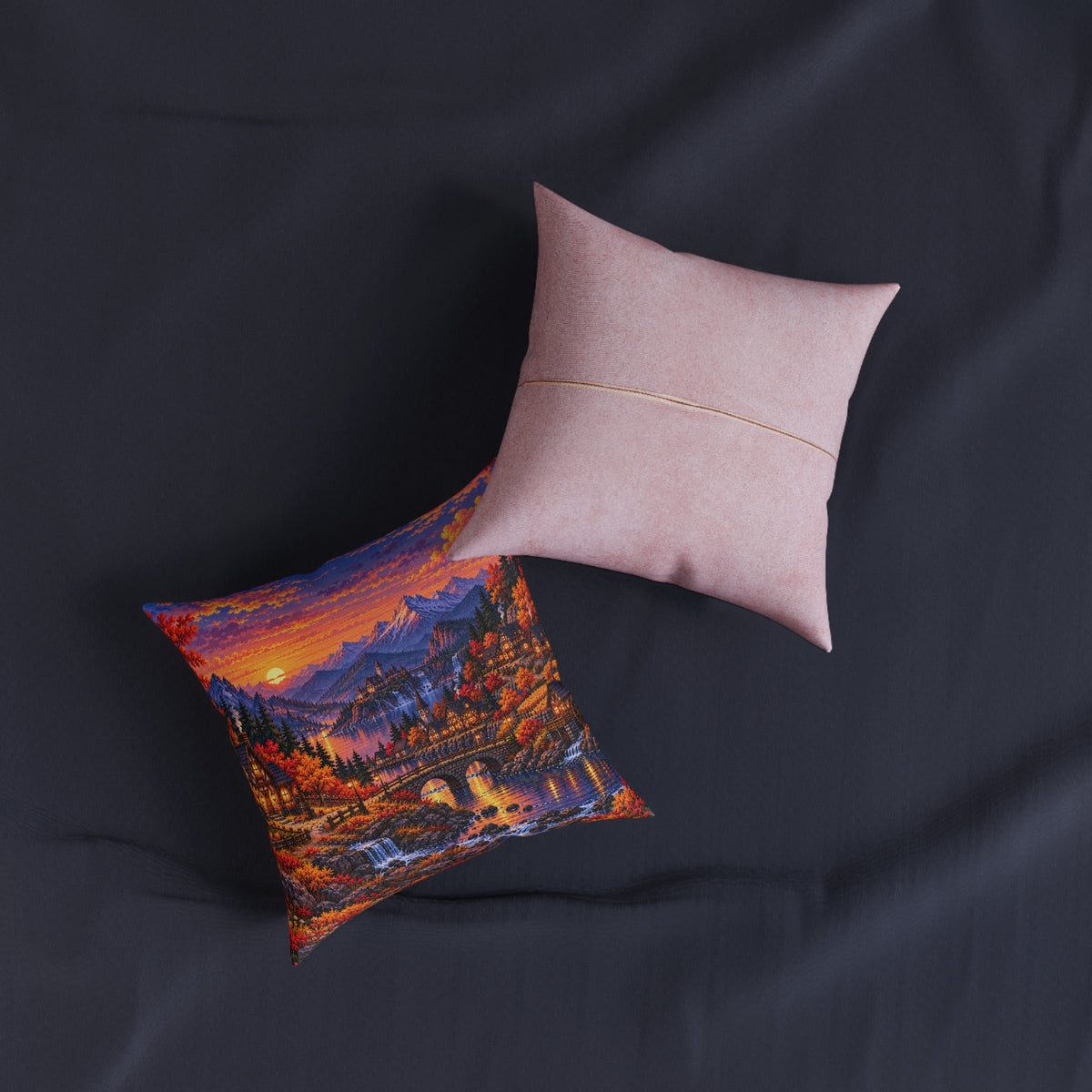 Autumn Village Pixel Art Landscape Cushion | Decorative Sofa Pillow