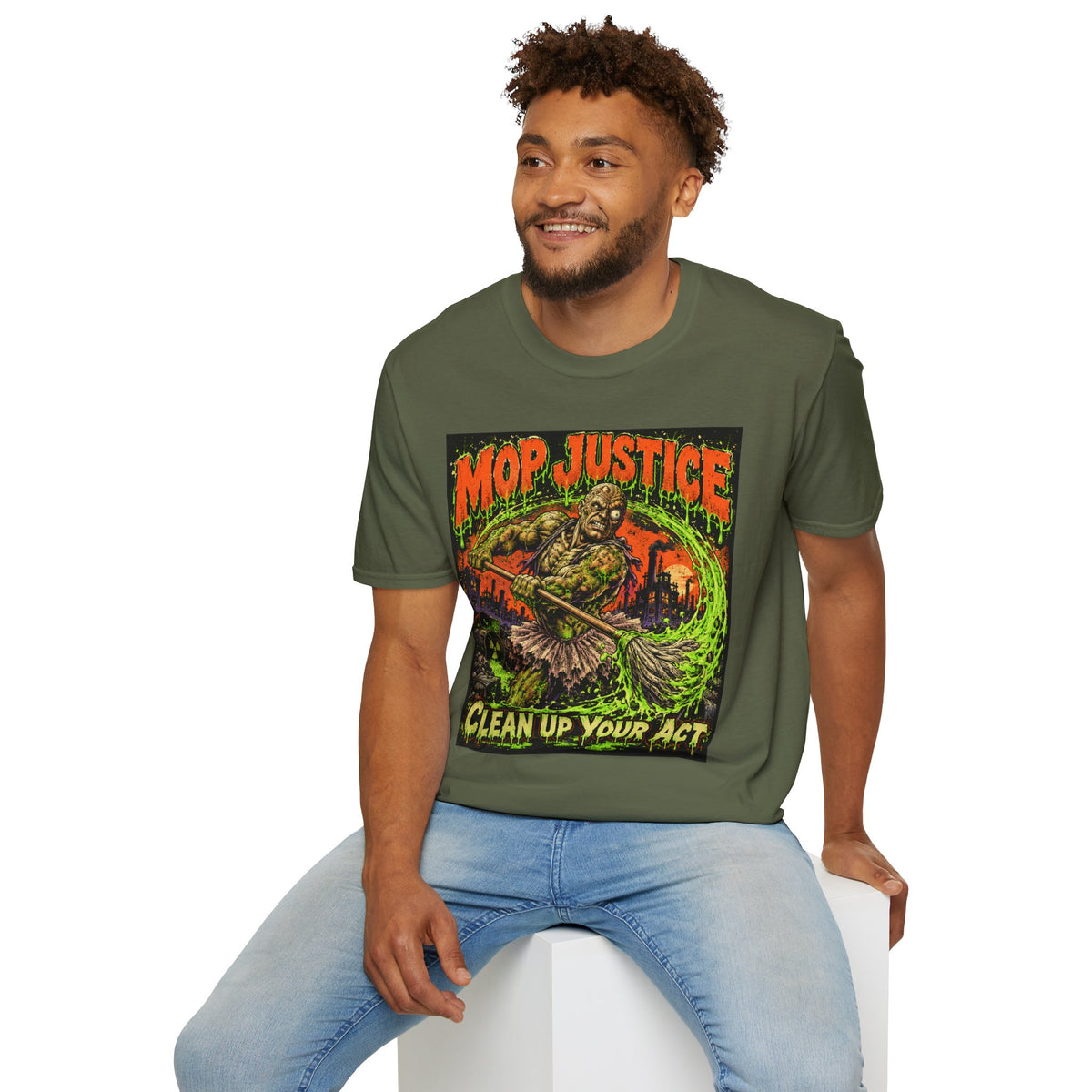 Mop Justice T-Shirt — Retro Horror Cleanup Graphic Tee ("Clean Up Your Act")