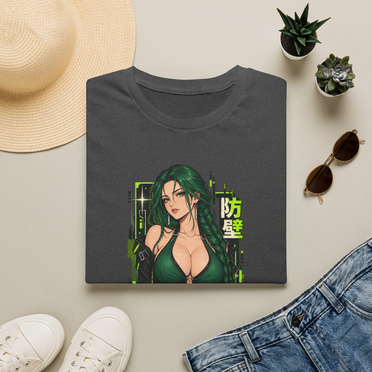 Jade | Anime Green-Haired Sexy Pin Up Girl Warrior Graphic Shirt