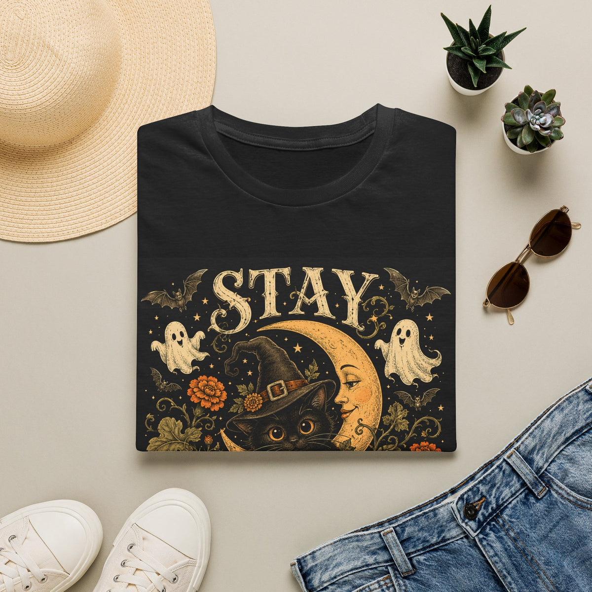 Halloween 'Stay Bewitched' T‑Shirt — Vintage Moon, Black Cat & Pumpkin Design