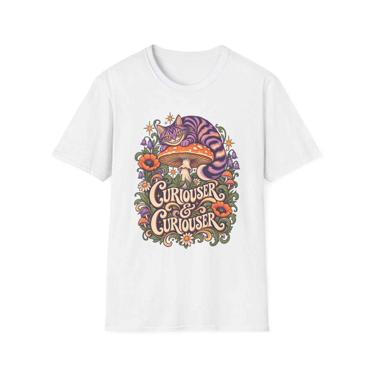 Cheshire Cat | Curiouser & Curiouser | Whimsical Mushroom Design Graphic Shirt