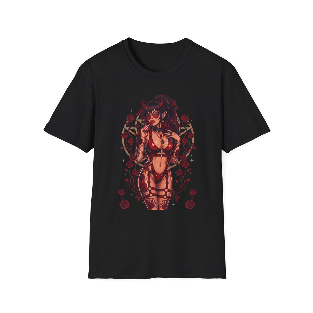 Sexy Succubus Tattoo Pin-Up Girl T Shirt - Rose Halo Graphic T-Shirt