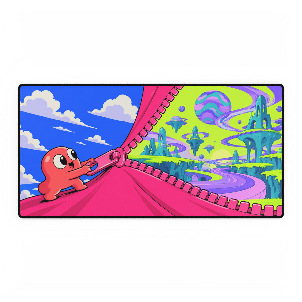 Mouse Mat | Colourful Cosmic Zipper | Cute Octopus Peeks into Neon Alien World Desk Mat