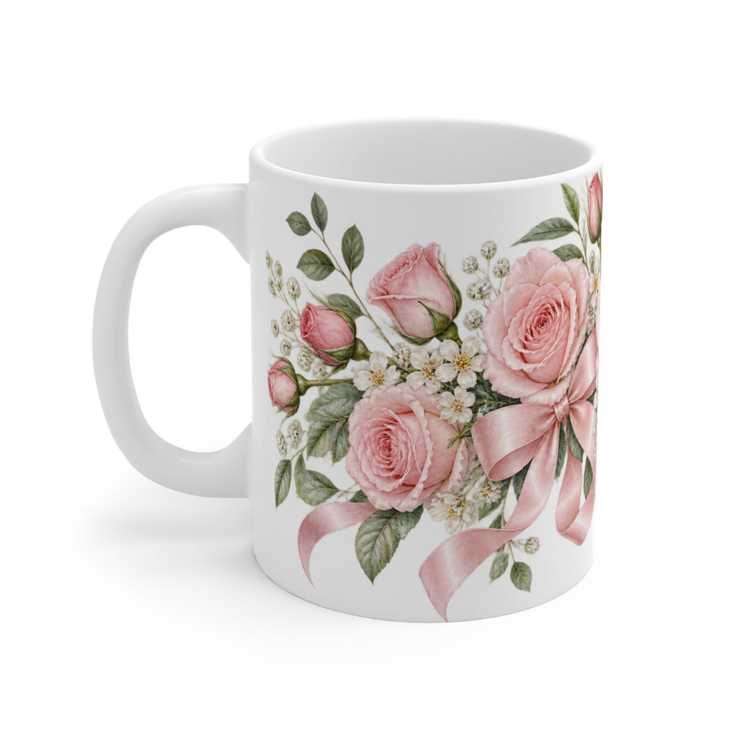 Pastel Pink Rose and Bow Mug | Coquette Floral Design
