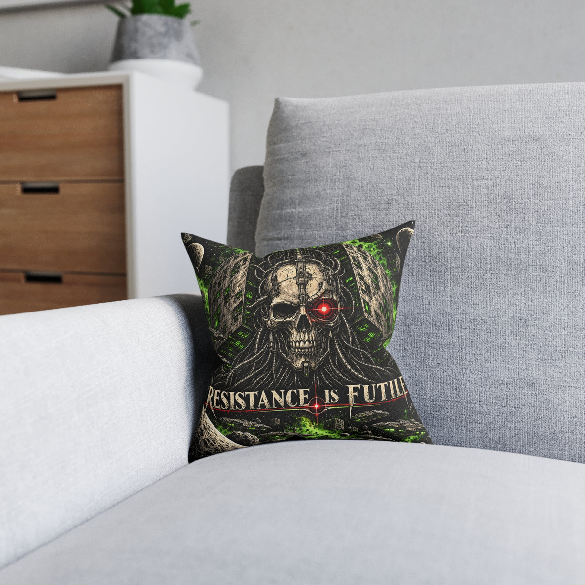 Resistance Is Futile Sci Fi Cyborg Skull Cushion | Decorative Sofa Pillow