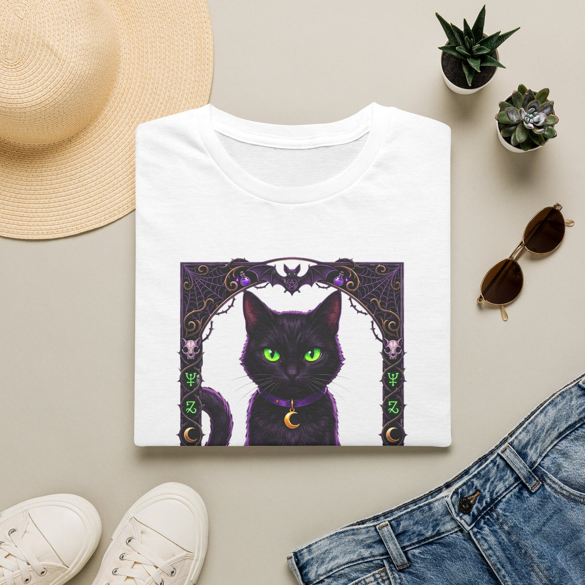 Mystic Black Cat T‑Shirt — Glowing Green Eyes Witchy Tee