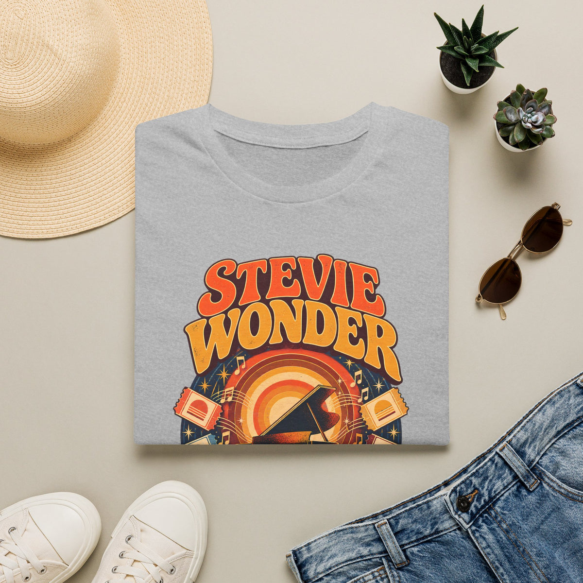 Stevie Wonder Retro Graphic T‑Shirt - Vintage Piano & Music Design