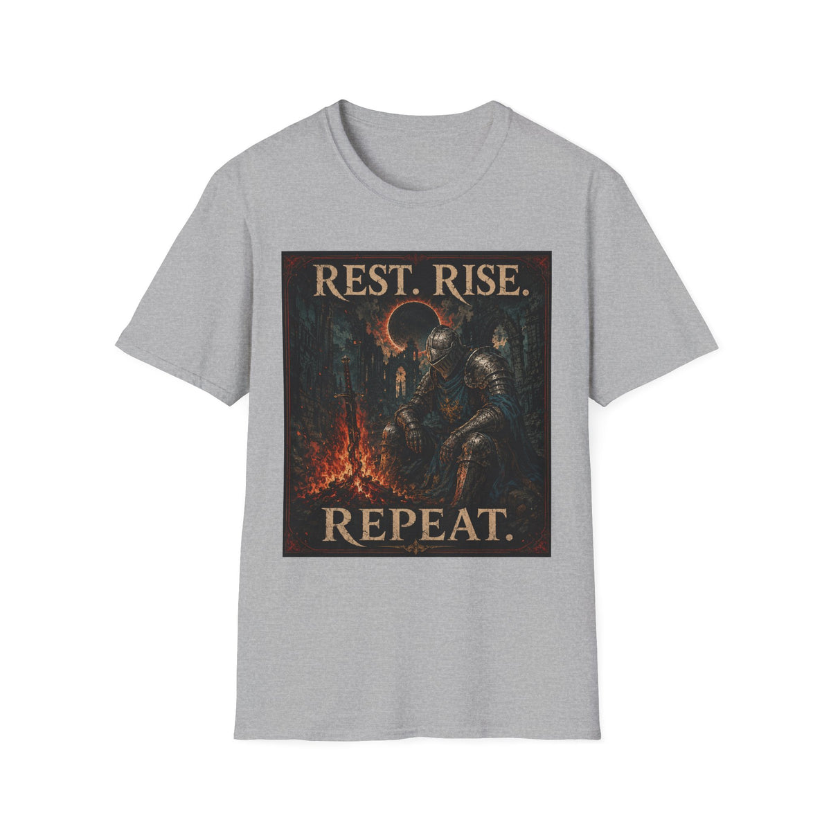Rest. Rise. Repeat. T‑Shirt — Dark Souls Fantasy Knight Graphic Tee