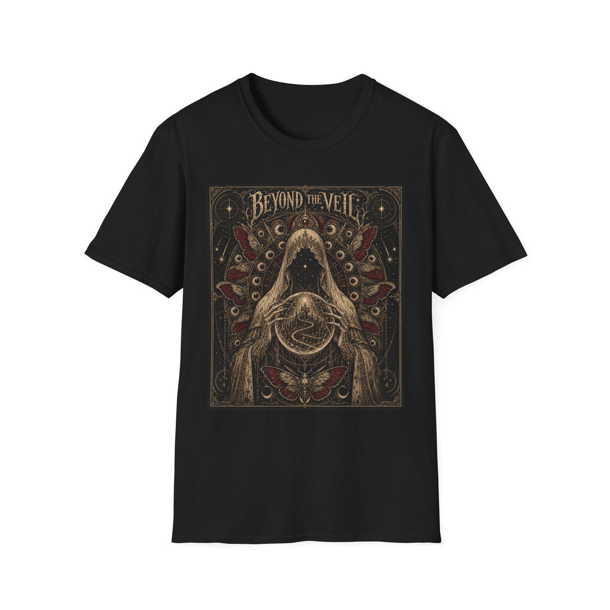Beyond the Veil T-Shirt — Gothic Mystical Hooded Figure Graphic Tee