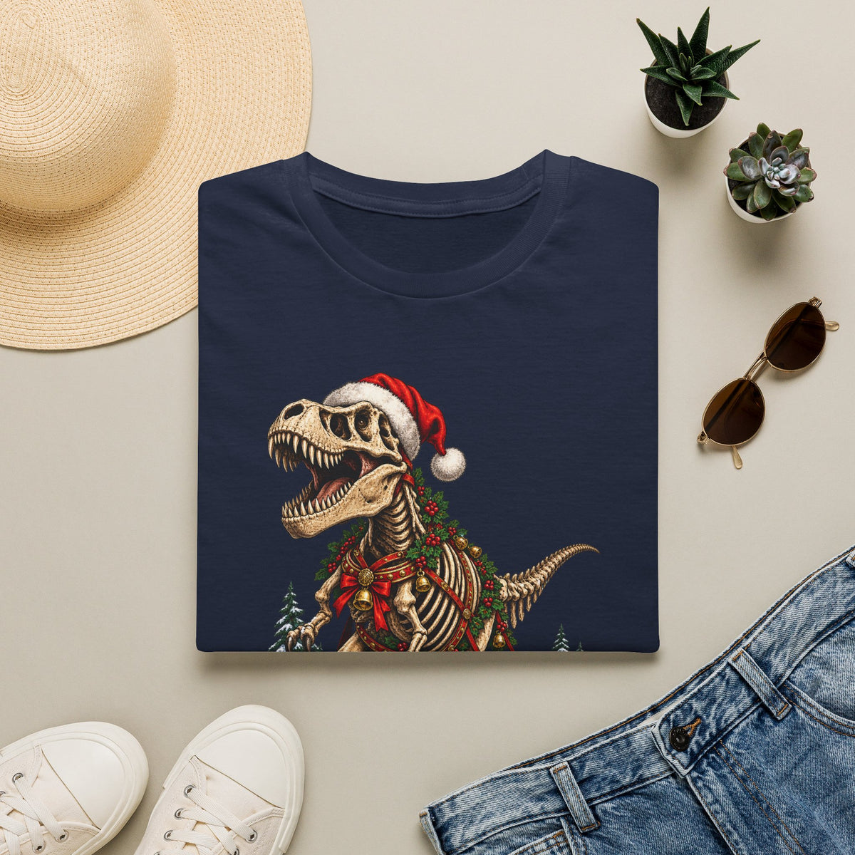T-Rex Sleigh | Dinosaur Fossil Christmas T‑Shirt