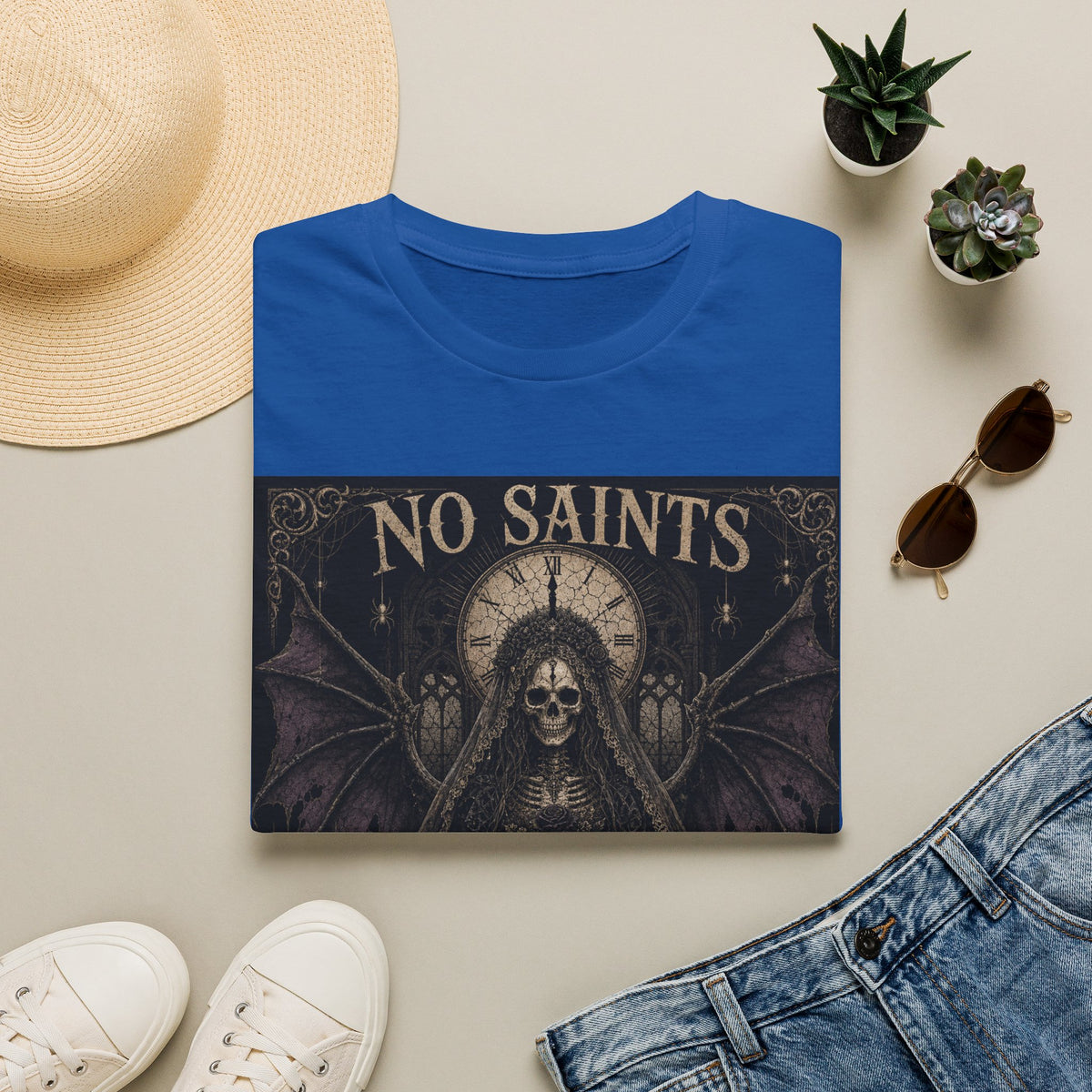 No Saints Graphic T-Shirt — Gothic Skull Clock Design